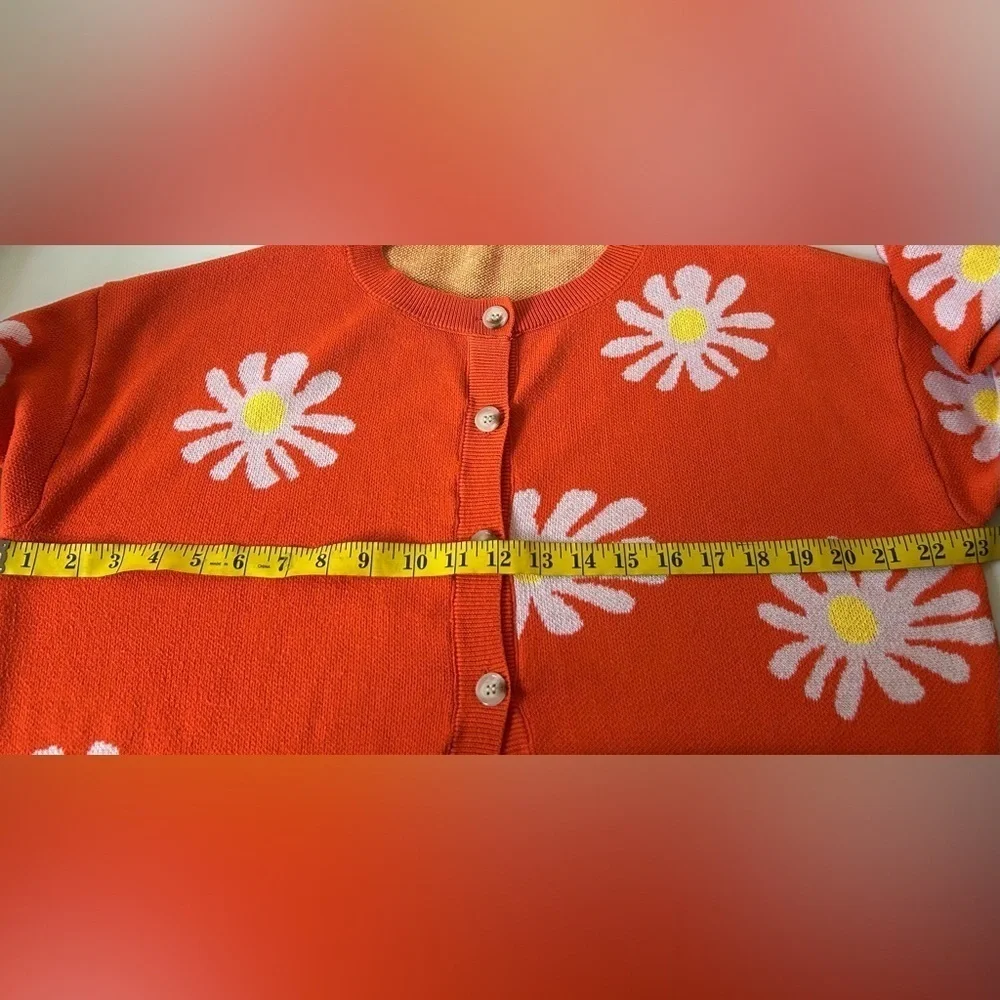 ZOCAVIA Vintage Aesthetic Cable Knit Sweater Sz.M ORANGE/WHITE DAISY PRINT